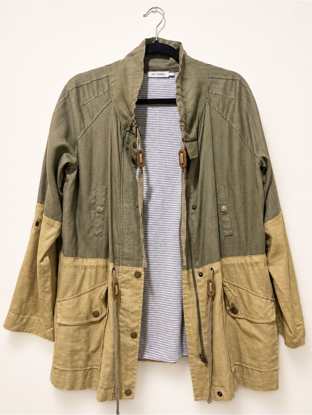 Blu Pepper Linen Blend Colorblock Utility Jacket Medium